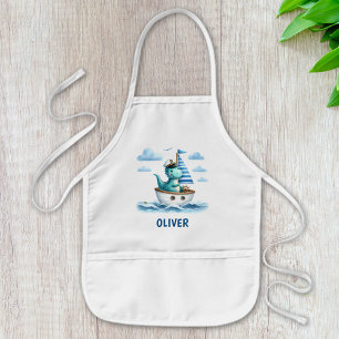 Cute Dinosaur Nautical Captain Personalised Blue Kids Apron