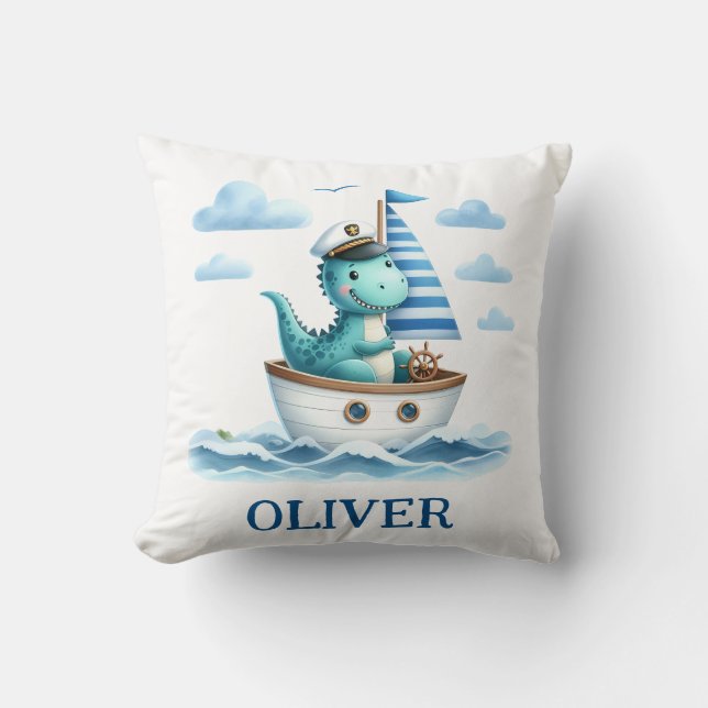 Cute Dinosaur Nautical Captain Personalised Cushion (Front)