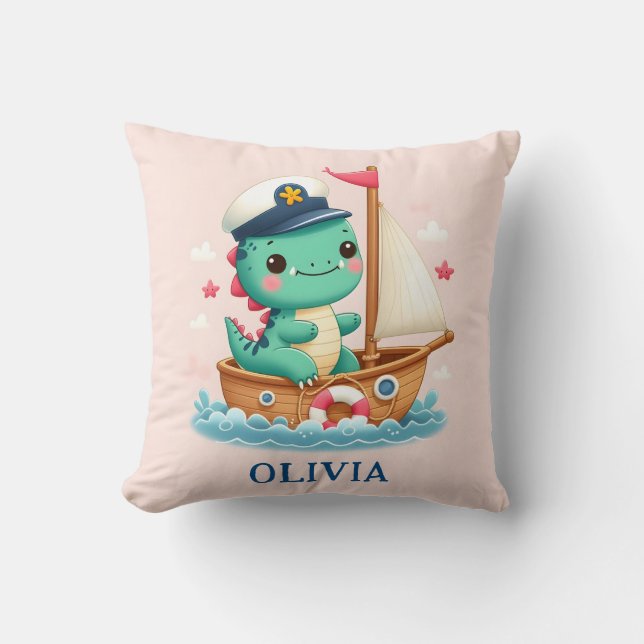 Cute Dinosaur Nautical Sailboat Captain  Cushion (Front)