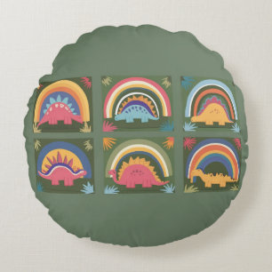 Cute Dinosaur, Navy Cute Colourful Dinosaur Patter Round Cushion