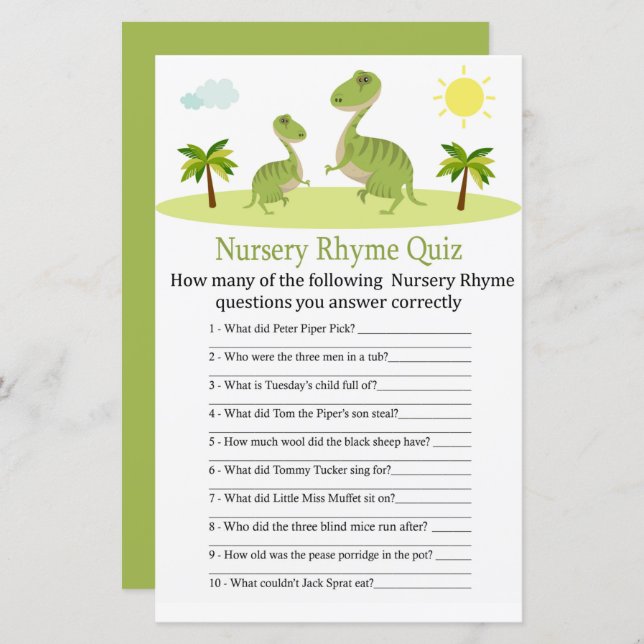 Cute Dinosaur Nursery Rhyme Quiz baby shower game (Front/Back)