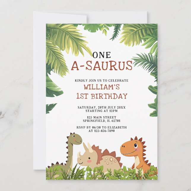 Cute Dinosaur One-A-Saurus 1st Birthday Party Invitation (Front)