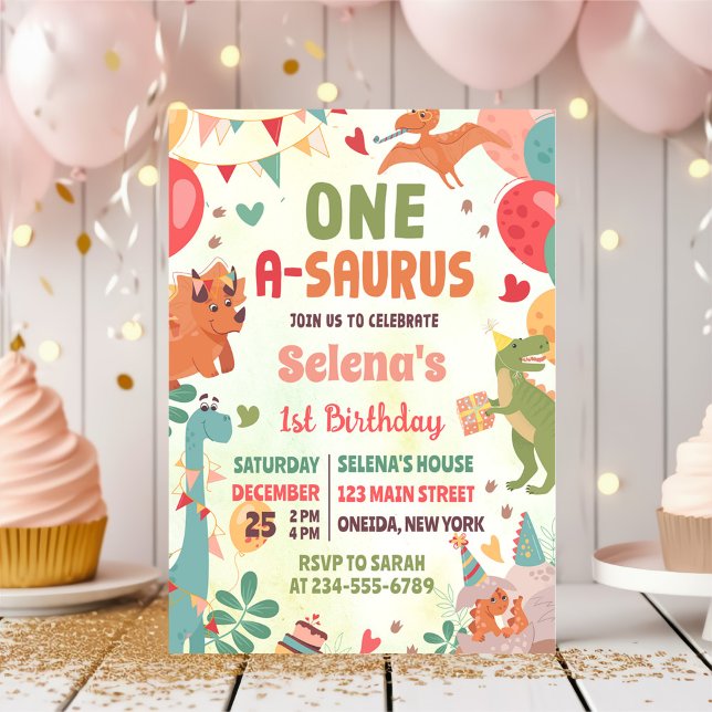 Cute Dinosaur One-A-Saurus 1st Birthday Party Invitation (Creator Uploaded)