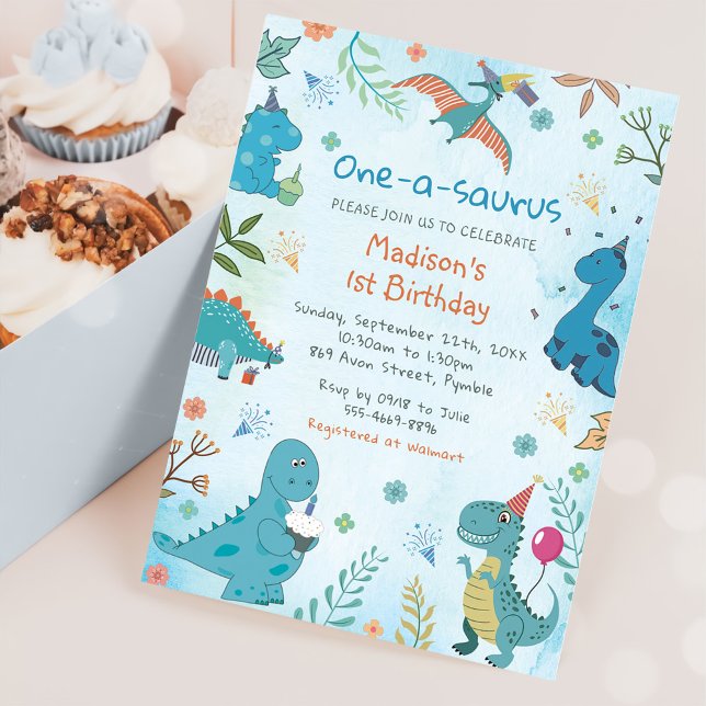 Cute Dinosaur One-A-Saurus 1st Birthday Party Invitation (Creator Uploaded)