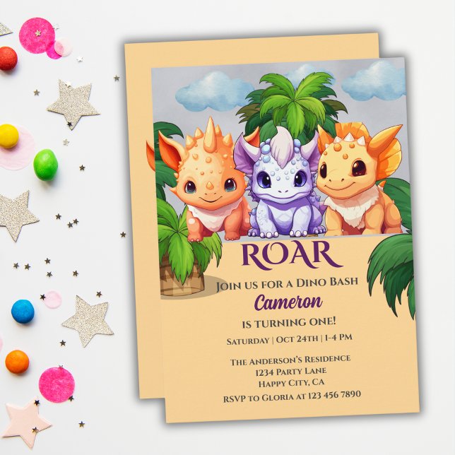Cute Dinosaur Party a Dino Bash 1st birthday Invitation (Creator Uploaded)