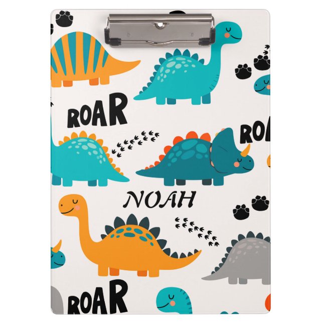 Cute Dinosaur Pattern Custom Monogram Name Kids Clipboard (Front)