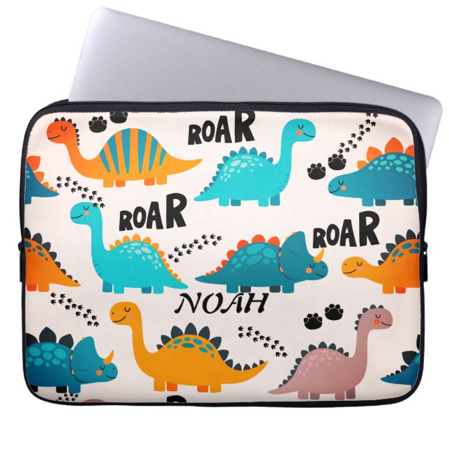 Cute Dinosaur Pattern Custom Monogram Name Kids Laptop Sleeve (Front)