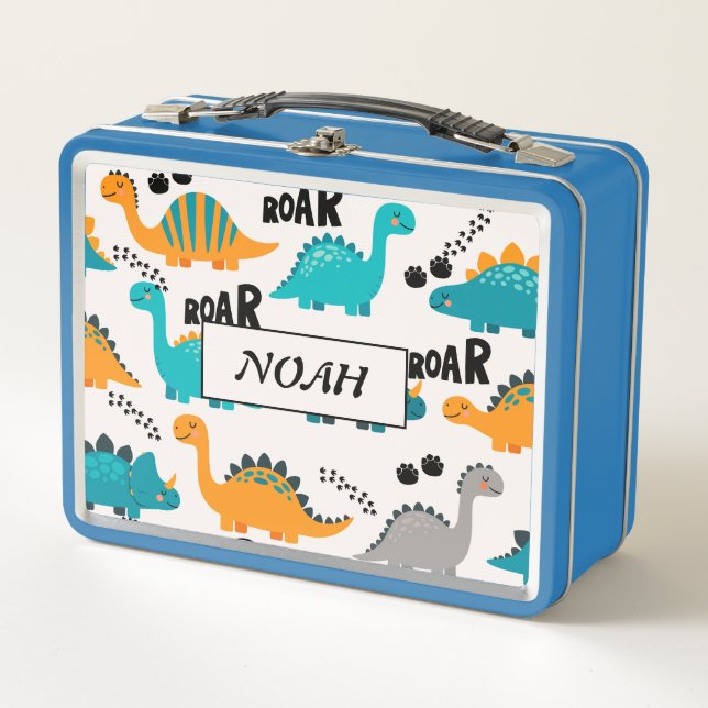Cute Dinosaur Pattern Custom Monogram Name Kids Metal Lunch Box (Front)