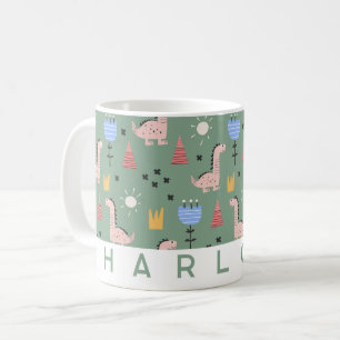 Cute Dinosaur Pattern Kids Custom Name Sage Green Coffee Mug