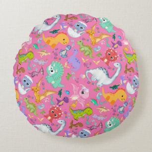 Cute Dinosaur Pattern on Pink   Round Cushion