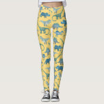 Cute Dinosaur Pattern on Yellow Leggings<br><div class="desc">Lots of blue dinosaurs, Tyrannosaurus rex, Spinosaurus, Stegosaurus, Diplodocus and Triceratops on a yellow background.</div>