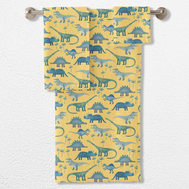 Cute Dinosaur Pattern Yellow Bath Towel Set (Fun prehistoric dinosaur pattern towel set for paleontologists of all ages)