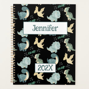 Cute Dinosaur Personalised Black 2024 Undated Planner
