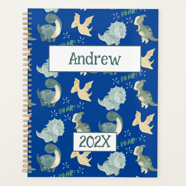 Cute Dinosaur Personalised Blue 2024 Undated Planner (Front)