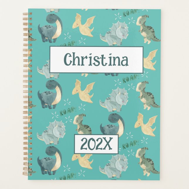 Cute Dinosaur Personalised Light Green 2024 Planner (Front)