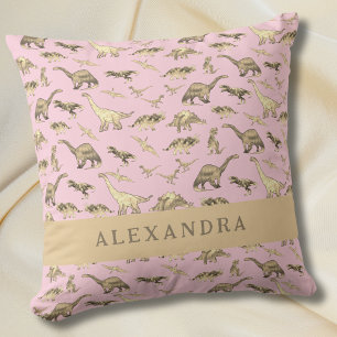 Cute Dinosaur Personalised Name Pink Cushion