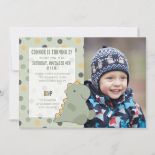 Cute Dinosaur Photo Green Polka Dot Party Invitation