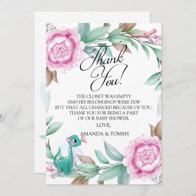 Cute Dinosaur Pink Thank You Card (Front/Back)