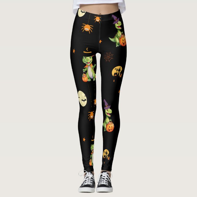 Cute Dinosaur play pumpkin trick o treat halloween Leggings (Front)