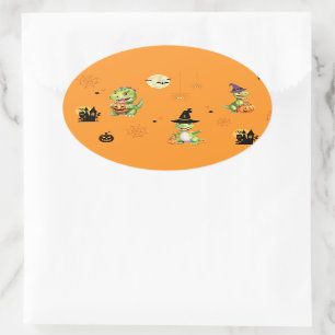 Cute Dinosaur play pumpkin trick o treat halloween Oval Sticker