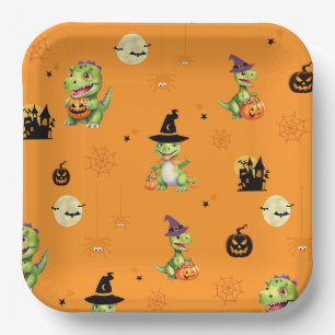 Cute Dinosaur play pumpkin trick o treat halloween Paper Plate