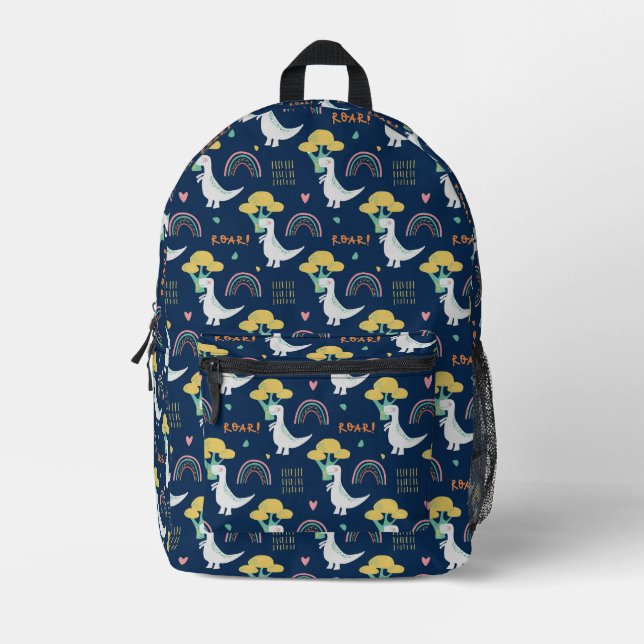 Cute Dinosaur & Rainbow "ROAR!" Pattern Printed Backpack (Front)