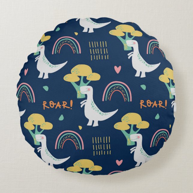 Cute Dinosaur & Rainbow "ROAR!" Pattern Round Cushion (Front)