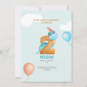 cute dinosaur rawr 2nd birthday kids invitation