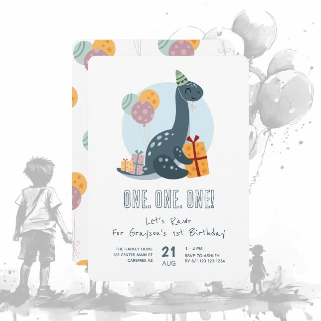 Cute Dinosaur Rawr Blue 1st Birthday Invitation (Creator Uploaded)
