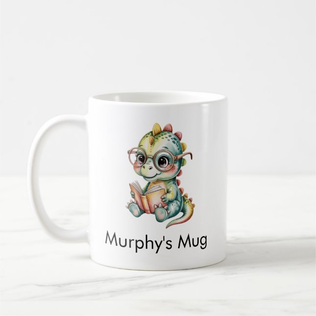 Cute Dinosaur Reading a Book | Funny Book Lover Coffee Mug (Left)