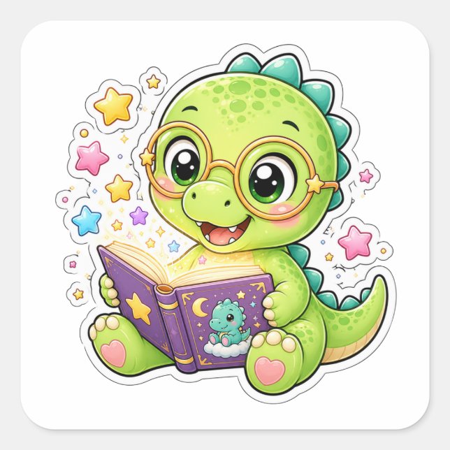 Cute Dinosaur Reading Storybook Square Sticker (Front)