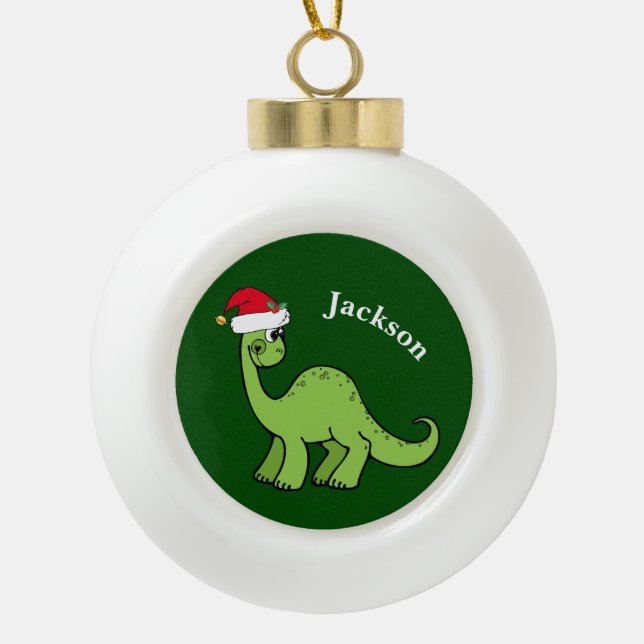 Cute Dinosaur Santa Green Kids Monogram Ceramic Ball Christmas Ornament (Front)