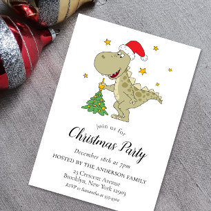 Cute Dinosaur Santa Hat Christmas Party Invitation
