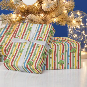 Cute Dinosaur Santa Hat Stripes Christmas Wrapping Paper