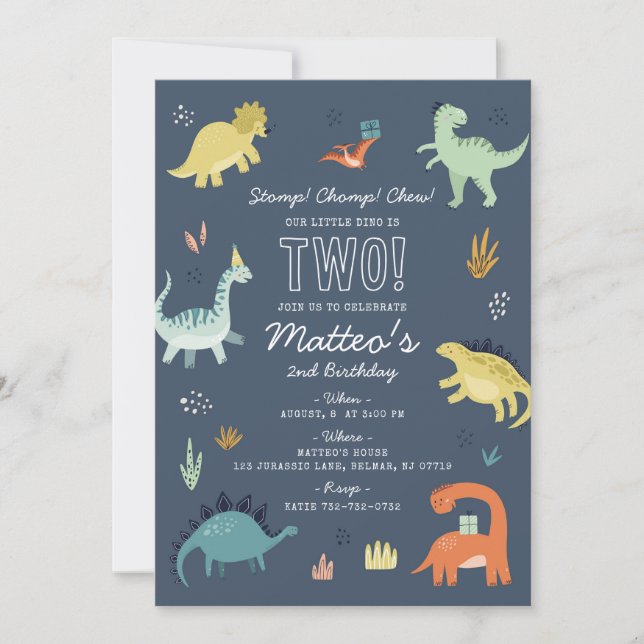 Cute Dinosaur Second Birthday Party Invitation (Front)