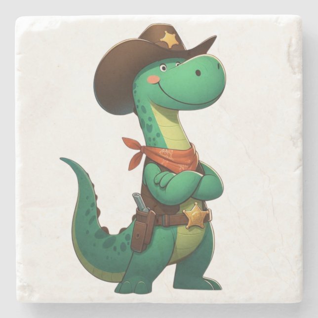Cute dinosaur sheriff/cowboy  stone coaster (Front)