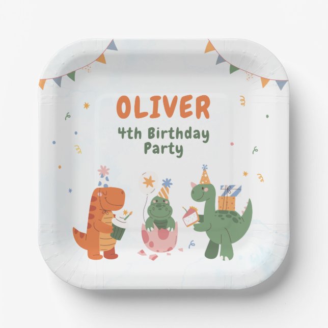 Cute Dinosaur T-rex 4th Birthday Paper Plates (Front)