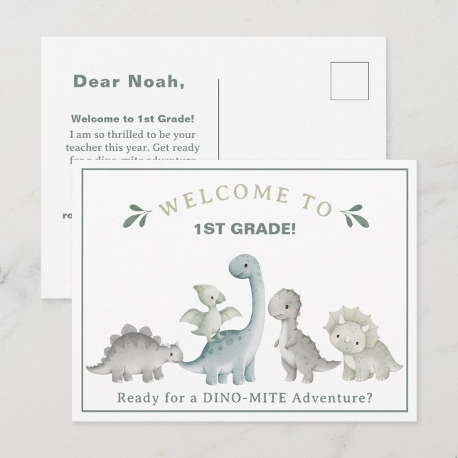 Cute Dinosaur Teacher Welcome to 1st Grade Postcard (Front/Back)