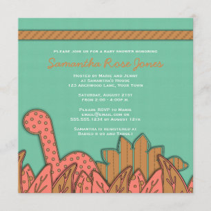 Cute Dinosaur Theme Baby Shower - Mint Pink Brown Invitation