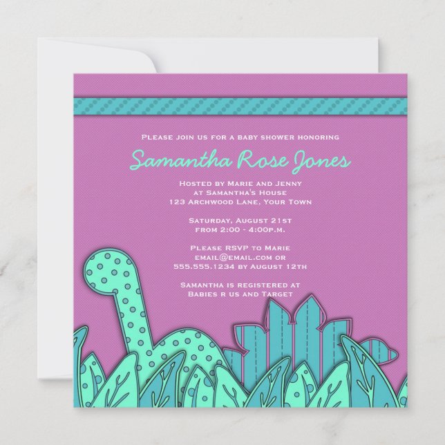 Cute Dinosaur Theme Baby Shower - Purple Turquoise Invitation (Front)