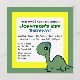 Cute Dinosaur Theme Kids Birthday - Green Yellow Invitation