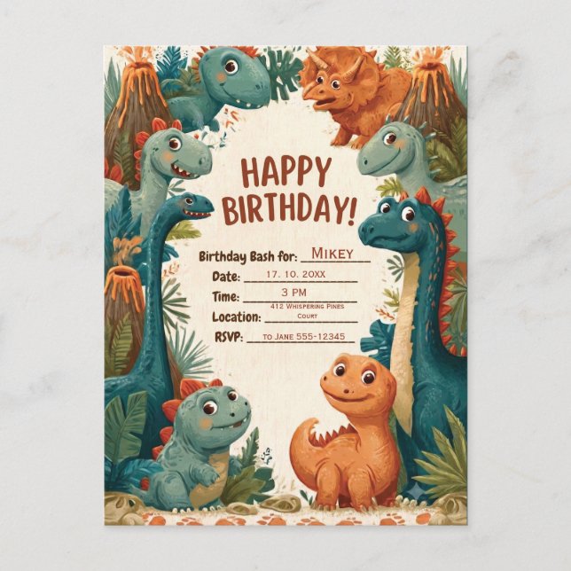 Cute Dinosaur Theme Kids Birthday Party Invitation (Front)