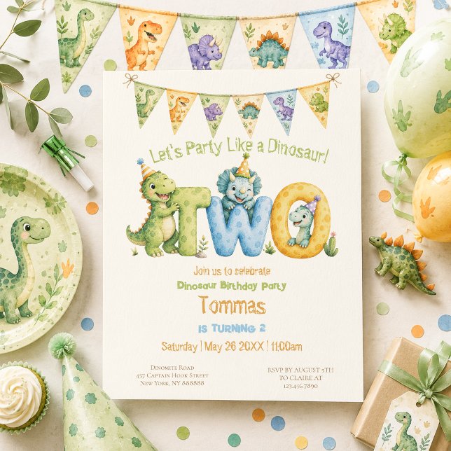 Cute Dinosaur Themed 2nd Birthday Invitation (Creator Uploaded)