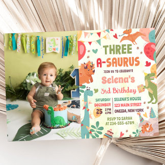 Cute Dinosaur Three-A-Saurus 3rd Birthday Photo Invitation