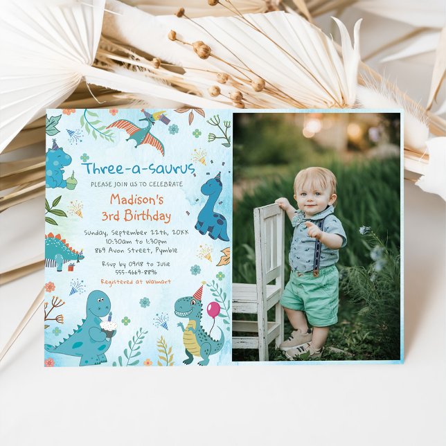 Cute Dinosaur Three-A-Saurus 3rd Birthday Photo Invitation (Creator Uploaded)