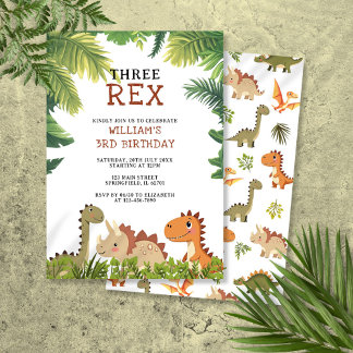 Cute Dinosaur Three Rex 3rd Birthday Party Invitation