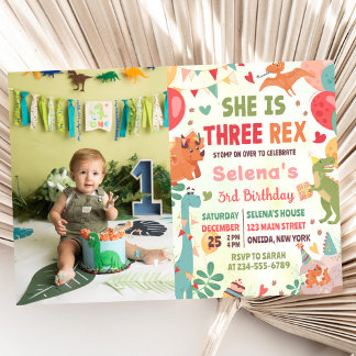 Cute Dinosaur Three Rex 3rd Birthday Party Photo  Invitation