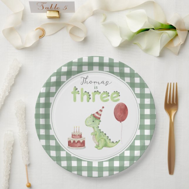 Cute Dinosaur Three-rex Birthday Paper Plate (Wedding)