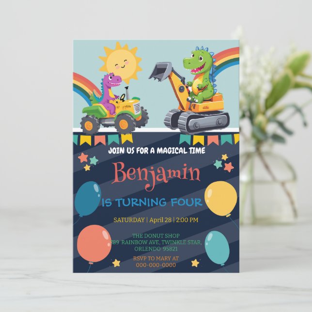 Cute dinosaur tractor balloon boy School HBD Save The Date (Standing Front)