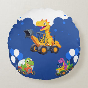 Cute dinosaur tractor dig truck balloon Birthday Round Cushion